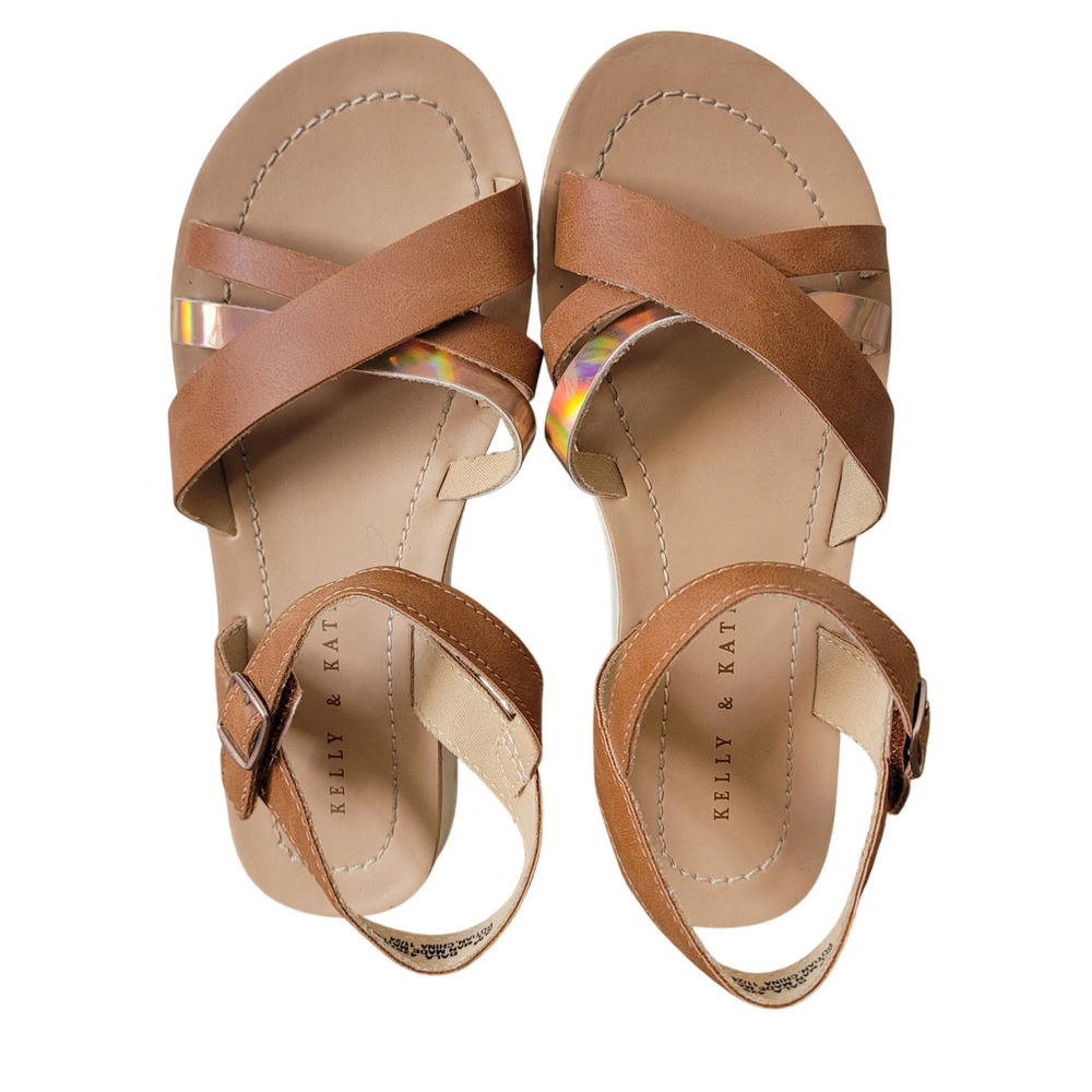 Kelly & Katie Size 4 Sandals Girls Brown Strappy Holographic Buckle Casual Shoes